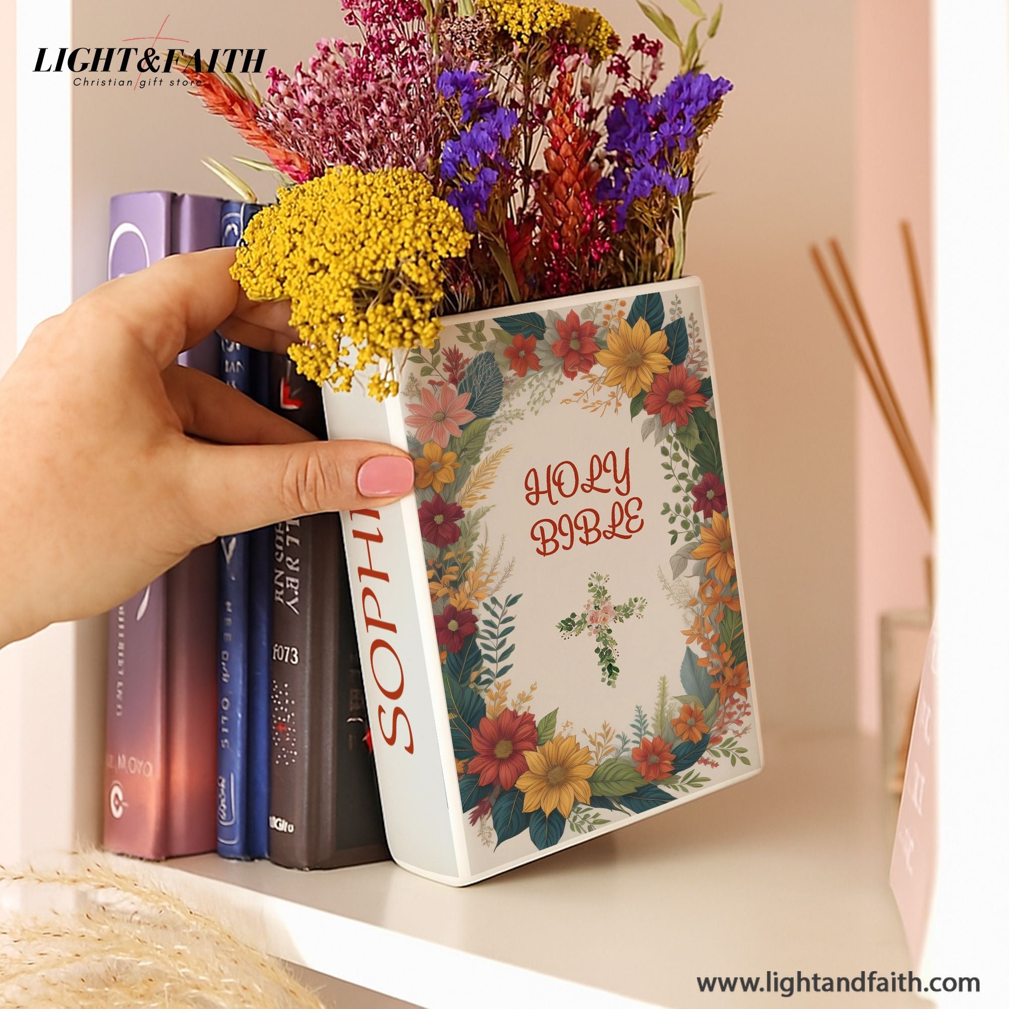 Personalized Ceramic Book Vase with Bible Verse for Faith Decor, Christian Bookshelf Vase, Faith Inspired Shelf Decor  CBLAF09